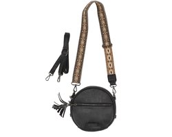 Crossbody Tas Dames Zwart met 2 Schouderbanden – Brede Bag Strap + Verstelbare Band – Kleine Schoudertas met Ritssluiting – Ronde Dames Tas – Tassenriem – Schoudertas Dames Zwart