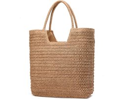 Dames rieten strandtas – Grote zomerse geweven shopper met rits – Draagbaar als handtas of schoudertas – Lichtgewicht & ruim – Ideaal voor vakantie, strand, winkelen – 44×12×37,5 cm – Kaki