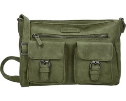 Dames Schoudertas Olijf - -Stoere Tas met Dubbele Ritssluiting & Magneetsluiting - Voorvakjes & Ruim Hoofdvak