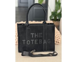 Damestas - Zwart - The Tote Bag XL - Laptop - Schooltas - Aktetas - Rits - Vakken - Brede riem met tekst - 40 x 30 cm