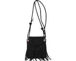 Damestassen - schoudertas Uma zwart - ibiza stijl - suede look - met franjes - festival - compacte damestas - verstelbare schouderbanden - crossbody tas