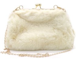 Deze heerlijke en zachte fluffy tas 23x14cm lijkt op een grote knipportemonnee. Gevoerd en een ruim vak voor bijv. een mobiel, portemonnee, bril, make-up etc. Erbij een afneembare ketting waardoor het een schoudertas kan worden. Voor uzelf of cadeau.
