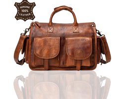 ELEVATE® Premium Leren Schoudertas – 100% Echt Crazy Horse Leer – 13,4L Unisex Werktas – Handgemaakt – Vintage Full-Grain Koeienleer – Laptopvak – Bruin
