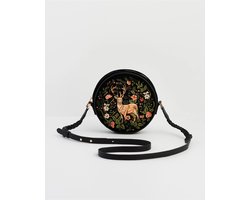 Fable England - Aurora Fawn Embroidered Black Circle Bag - Luxe Ronde Schoudertas - Geborduurd Hert Design - Elegant & Tijdloos