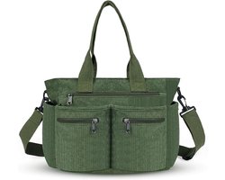 Famanu - Corduroy schoudertas, corduroy tas, grote capaciteit, crossbody draagtas, stijlvolle handtas met meerdere zakken, verstelbare en afneembare riem, voor vrouwen, mannen, school, winkelen, werk, groen