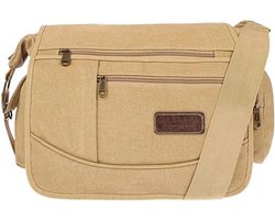 Fana Bags | Grote canvas schoudertas Beige | Heren / Dames schoudertas A4 | Canvas messenger bag | Schouder tas groot canvas | Schooltas