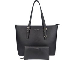 Flora & Co Grote Schoudertas / Tas Dames - Saffiano - Nora - geschikt voor A4 - Zwart + bijpassende zip-arround portemonnee