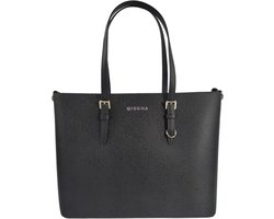 Grote schoudertas/Tas Dames - Saffiano - Extra hoog - geschikt voor A4 mappen/laptop - Ideaal te gebruiken voor school of werk - ZWART - zilveren hardware