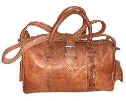 Handgemaakte cilindrische runden leer tas - midden groot - ritssluiting - zijkant zaken - handvatten BRUIN kleur