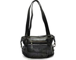 HillBurry Schoudertas met Lange Hengsels Gewassen Leer Zwart - 6240W-4059 - (bxhxd) 28cm x 19cm x 10cm