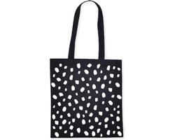 Katoenen Draagtas Zwart Met Witte Stippen - Canvas Tas - Boodschappentas Met Lang Hengsel - 38 x 42 cm - Cadeautas Schoudertas