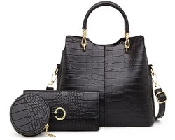 Krokodille Handtas Set 3-Delig - Medium Shopper - Pu Leer Waterafstotend - 3 Dl - Voor Werk En Elke Gelegenheid - Zwart
