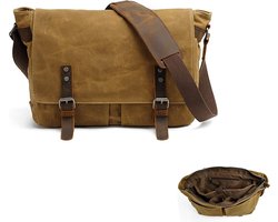 KZQ Heren schoudertas en briefcase - Vintage echt leer en gewaxte canvas - Stevige messenger bag - Kaki