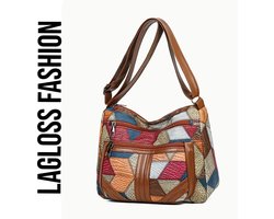LaGloss® Geometrisch Patroon Schoudertas – Verstelbare Crossbody Tas met Veilige Ritssluiting – Lichtgewicht & Modieus in Blauw, Oranje, Beige en Bruin