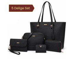 Lana® Handtassen Dames - 5 Delige Handtas Set - Schoudertas Zwart - Damestassen Kunstleer - Tassen Dames Zwart