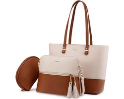 Lana® La Luna - Driedelige Handtassen set - Dames Tassen - Shopper - Tas met rits - Schoudertas - Handtas - Werktas - Saffiano leer - Bruin + Creme