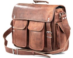 Leren Laptoptas / Messengertas Cognac ECHT LEER| 42x30x14 cm | Met Vele Vakken, Telefoonhouder en Verstelbare Schouderriem | OnceDoce® Mallorca Urban Chique