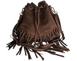 Made in Italy-Boho-tas-Suède-Echt leer-Fringe-Franje-35cmx26cmx12cm-Bruin