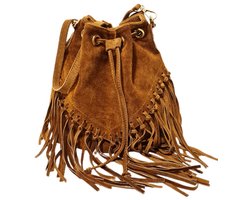 Made in Italy-Boho-tas-Suède-Echt leer-Fringe-Franje-35cmx26cmx12cm-Cognac