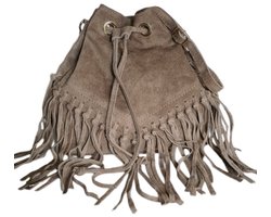 Made in Italy-Boho-tas-Suède-Echt leer-Fringe-Franje-35cmx26cmx12cm-Taupe