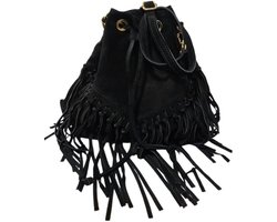 Made in Italy-Boho-tas-Suède-Echt leer-Fringe-Franje-35cmx26cmx12cm-Zwart