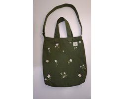 Nefis Style - Handgemaakte Geborduurde Schoudertas - Handgeborduurde Bloemen Groen Vintage Canvas Tote Bag