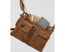 Platte Schoudertas met Ritssluitingen – 5 Vakken-Camel Crossbodytas Dames – Bicky Bernard – Kunstleer – 21,5x27x4 cm