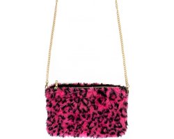 Pluche handtas roze panterprint met gouden ketting - Handtassen - Carnaval/foute party
