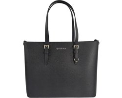 Qischa® - Grote schoudertas/Tas Dames - Saffiano - Extra hoog - geschikt voor A4 mappen/laptop - Ideaal te gebruiken voor school of werk - zwart met zilveren hardware