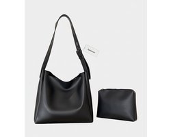 Rainbecom - Dames Schoudertas Set Tweedelige - Bucket Bag + Make-uptasje - Crossbody Tas PU-leer - Verstelbare Schouderriem - Handtas Grote Capaciteit - Zwarte Elegante Damestas