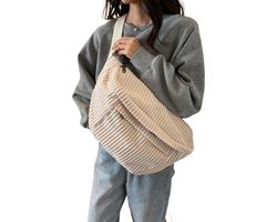 S&E Eenvoudige Ribfluwelen Schoudertas – Grote Capaciteit Crossbody- en Heuptas