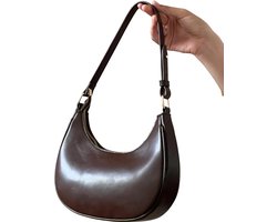 S&E Glanzende Halvemaan Schoudertas – Elegant & Veelzijdig voor Dagelijks Gebruik - Donker Bruin