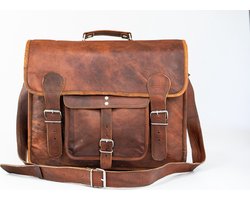 Stijlvolle Satchel tas 16 inch “Granada” – Cognac Bruin Echt Leer - Vintage Look Boekentas 42 x 29 x 11 cm Messenger Working Bag Schoudertas (MODEL114)
