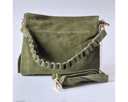 suede handtas dames groen – Italiaanse leren schoudertas met gevlochten handvat – teatro