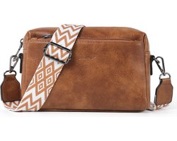 TAN.TOMI - Crossbody Tas - Dames Klein Schoudertasje - 4 vakken - Tassenriem Zwart/Wit - Lichtbruin