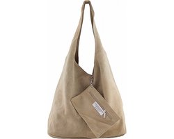 Taupe Suède Schoudertas Lili - Handtassen - Shoppers - Ruime Suède dames tassen - Taupe