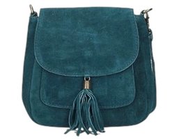 Teal Suède Schoudertas Tassle - Tas met Kwastje - Suède Crossbodytassen - Italiaans Leder - Boho Schoudertassen - Teal (Groenblauw)