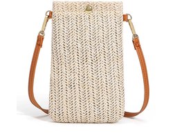 Telefoontasje om op te hangen, kleine schoudertas voor dames, rieten tassen voor dames, crossbody strandtas, modieuze telefoonschoudertas met lange riem voor meisjes, wit