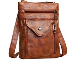Vintage Crossbody Tas – Kleine Schoudertas en Telefoontasje Voor Dames – PU Leer – Bruin – Portemonnee en Handtas in Een
