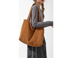 Without Lemon - Corduroy Schouder Tas - Tote Bag - Ribfluweel - Studenten - School - Werk - Reizen - Shoppen - Ritssluiting - Geen accessoires meegeleverd - Bruin