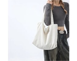 Without Lemon - Corduroy Schouder Tas - Tote Bag - Ribfluweel - Studenten - School - Werk - Reizen - Shoppen - Ritssluiting - Geen accessoires meegeleverd - Wit