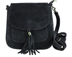 Zwarte Suède Schoudertas Tassle - Suède - Italiaans Leder - Zwart