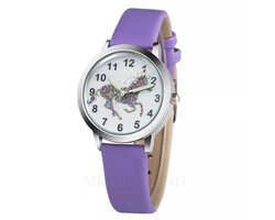 12Getit Kinder horloge paars met paarden afbeelding en leer bandje
