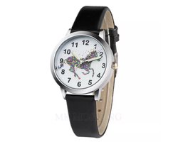 12Getit Kinder horloge zwart met paarden afbeelding en leer bandje