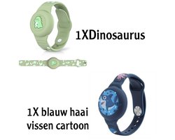 2 Stuks Kinderen waterdicht voor AirTag-armband - schattig cartoon-design, verstelbaar, verborgen voor Apple Air Tag houder, siliconen anti-verlies-GPS-tracker armbandhoes voor peuters (dinosaurus, haai)