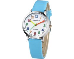 Basic kinderhorloge - kleurrijke wijzerplaat - kunstlederen band - licht blauw - 30 mm - I-deLuxe verpakking