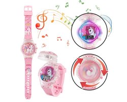 Digitale Unicorn Kinderhorloge - Verstelbare Digitale Horloge met Muziek, Feestlichtjes en Draaiende Klep - Perfecte cado voor Kids en Unicorn Fans - Horloge Kast: 3.5cm, Horloge Band: 22cm - Kleur: Roze