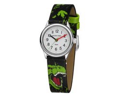 JACQUES FAREL - Horloge Kind - Kinderhorloge - Jongen - Dino - Groen & Zwart - Zilverkleurig - Analoog - 3 Bar - Ø 27mm - Verstelbaar bandje (12,5-17 cm) - Duidelijk - HCC921