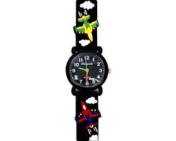 Kinderhorloge - 3D Vliegtuigen Zwart | Siliconen | Ø 25 mm