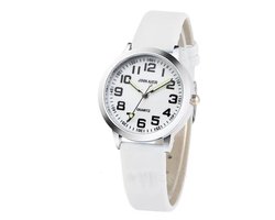 Kinderhorloge met zwarte cijfers en wit leer bandje